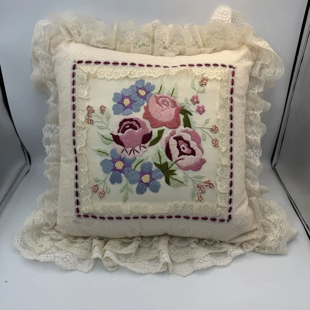 Embroidered Floral Cottage Core Grandma Throw Pillow Decorative Multicolor Lace